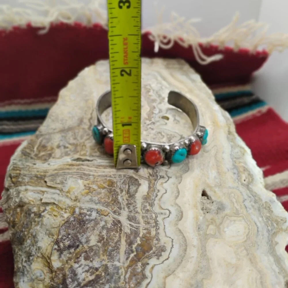 Vtg Navajo Old Pawn Sterling Silver Rough Stone Turquoise & Coral Cuff Bracelet - Picture 6 of 11